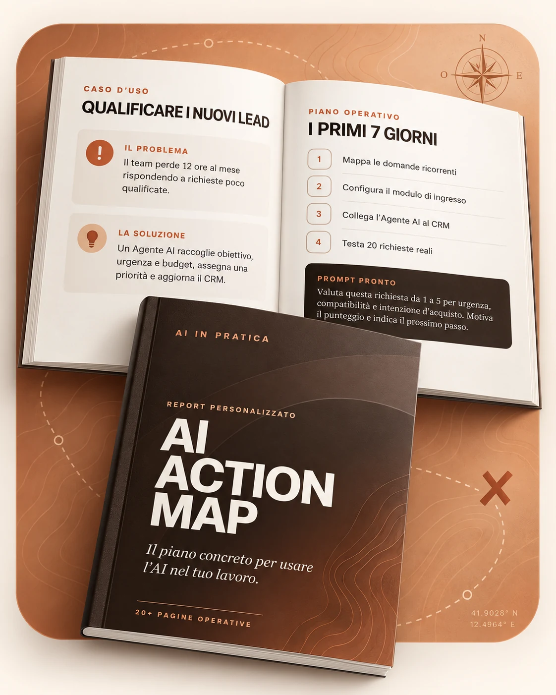 AI Action Map: libretto chiuso in primo piano e guida aperta con un caso pratico di qualificazione dei lead tramite Agente AI